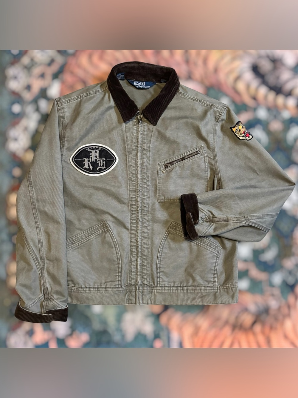 Vintage 90s Polo Ralph Lauren Utility Workwear Canvas Jacket Green Corduroy XL